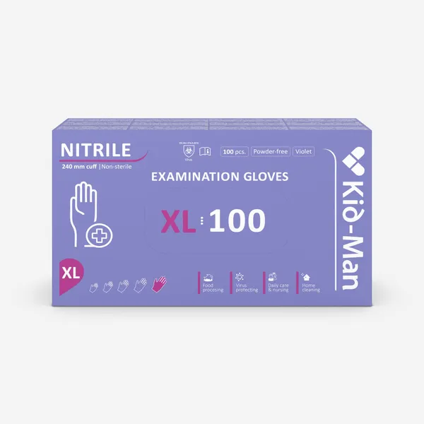 Nitriilkindad puudrita, suurus XL, lillad,  ühekordsed, KID-MAN, 100 tk