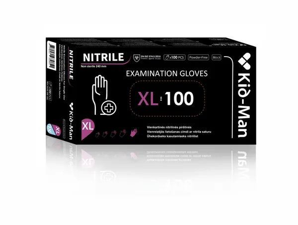 Nitriilkindad  puudrita, suurus XL, mustad, KID-MAN,  ühekordsed, 100 tk