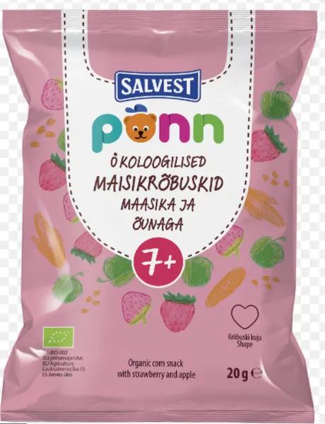 Čipsi kukurūzas bērniem Ponn Organic ar zemenēm, āboliem 20g