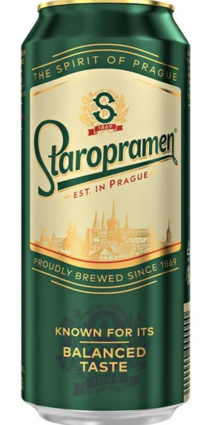 Alus STAROPRAMEN Premium, bundžā, 5%, 0.5 l (DEP)