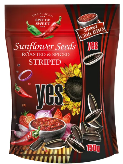 Päevalilleseemned Y.E.S. tšillimaitselised, triibulised, röstitud, 150g