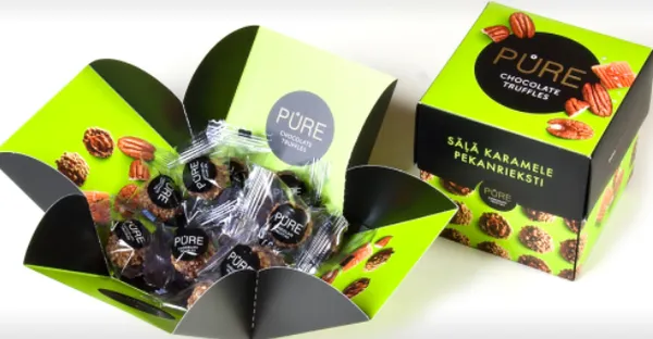 Piimašokolaadi trühvlid PURE karamellikreemitäidise ja pekaanipähkli dekooriga 110g