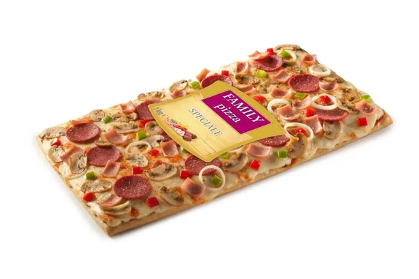 Saldēta pica FAMILY, ar kūpinātu salami, šķiņķi un sēnēm, 1kg