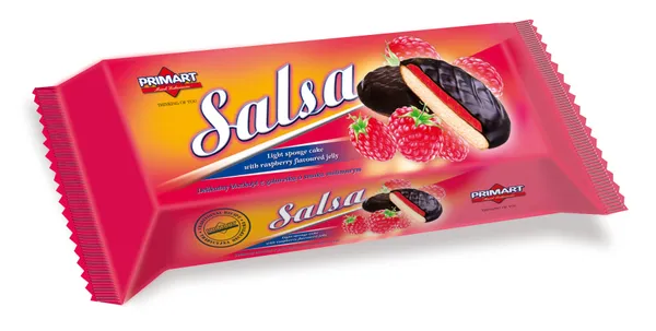 PRIMART Salsa Biskviitküpsised, vaarikamaitselise täidisega, glasuuriga, 130 g