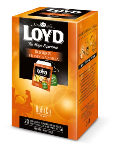Punane Tee LOYD Horeca rooibos-mesi-vanilje 20 x 2g, kahekambriline teekott ümbrikus