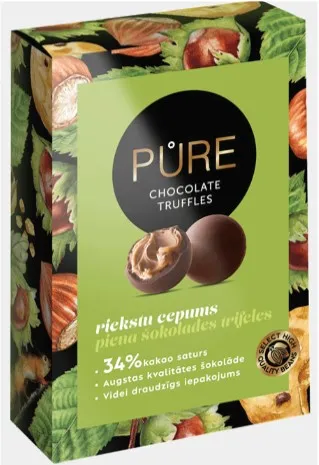 PURE piimašokolaadi trühvlid sarapuupähkli- ja krõbeküpsiste kreemi täidisega, 148g