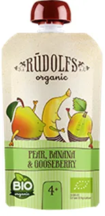Püree RŪDOLFS, Öko pirn-banaan-karusmarja, imikutele alates 4. elukuust 110g