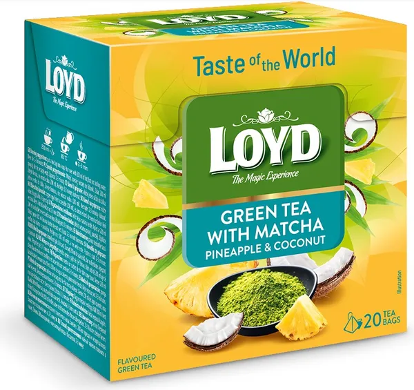 Roheline tee LOYD Matcha-, ananassi- ja kookosemaitseline 20 x 1.5g Tea Of The World, püramiid kotis