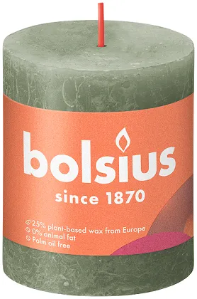 Silindrikujuline küünal BOLSIUS Shine Rustik, oliiva, 35h, D 6,8cm, H 8cm, 1tk