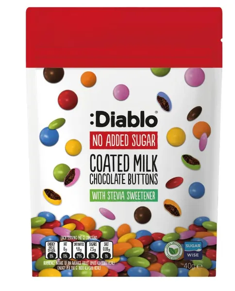 Šokolādes dražejas krāsainā šokolādes glazūrā DIABLO, bez pievienota cukura, ar stēviju, 40g