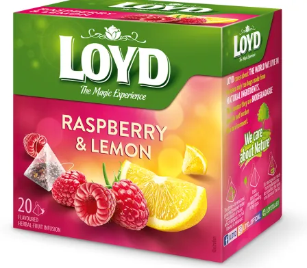 Taime- ja puuviljatee LOYD vaarika- ja sidrunimaitseline 20 x 2g, püramiid kotis