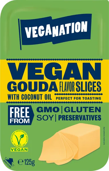 Taimne valmistis kookosõliga VEGANATION gouda-maitseline, viilutatud, 125 g