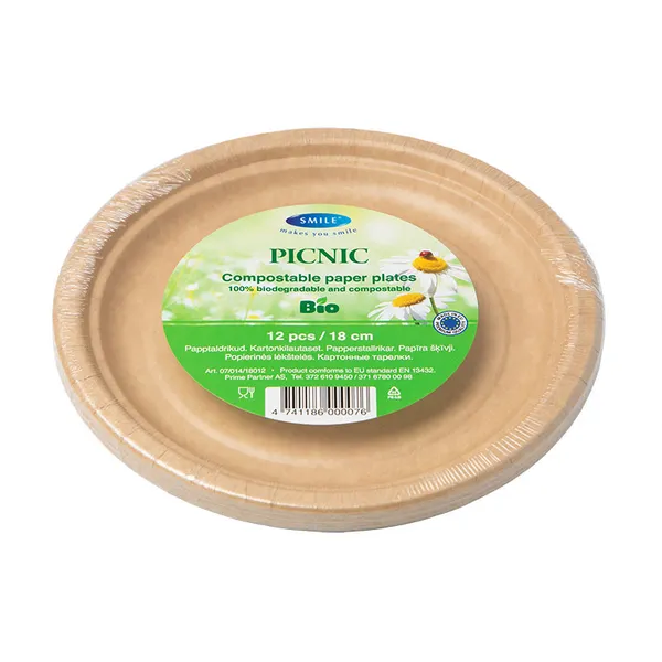 Taldrik 18 cm, 12 tk, papp, Kraft bio-kattega, ekstratugevad, Smile