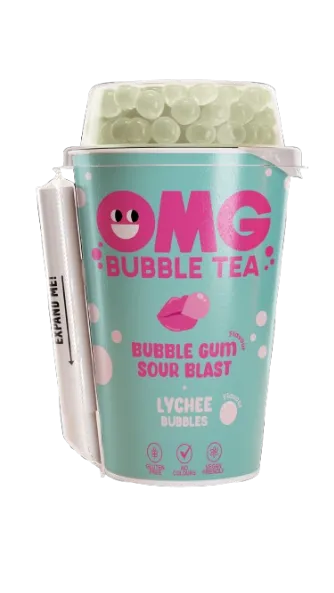 Tējas dzēriens OMG, skābas košļājamās gumijas garša, ar līčiju garšas bumbiņām, 0.265l