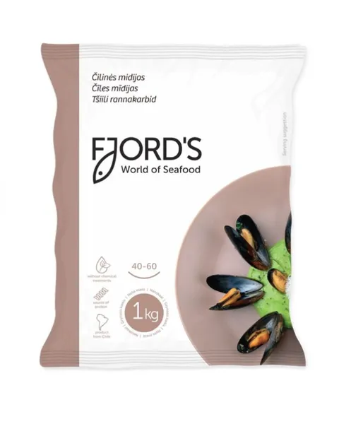 Tšiili sinimerekarbid FJORD'S 40/60, terved, koorimata, keedetud, 20% glasuur,  külmutatud, 800g/1kg