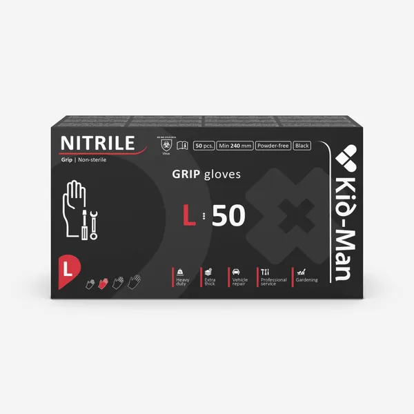 Ühekordsed nitriilkindad KID-MAN, Grip, must, L-suurus, 50 tk