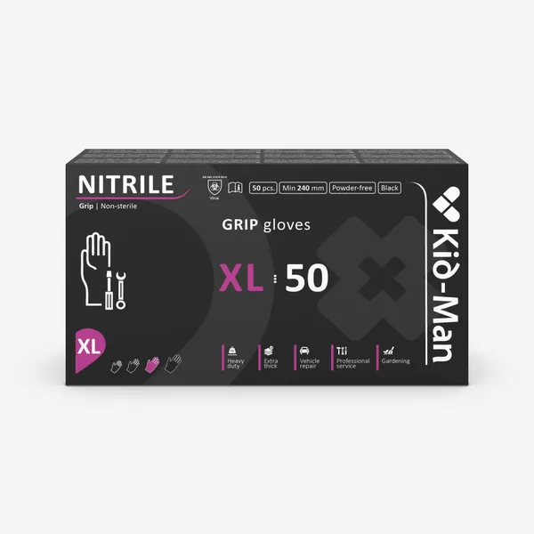 Ühekordsed nitriilkindad KID-MAN, Grip, must, XL-suurus, 50 tk
