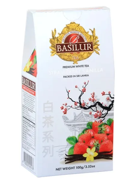 Maitsestatud valge purutee BASILUR, maasika ja vanilli maitsega, 100 g