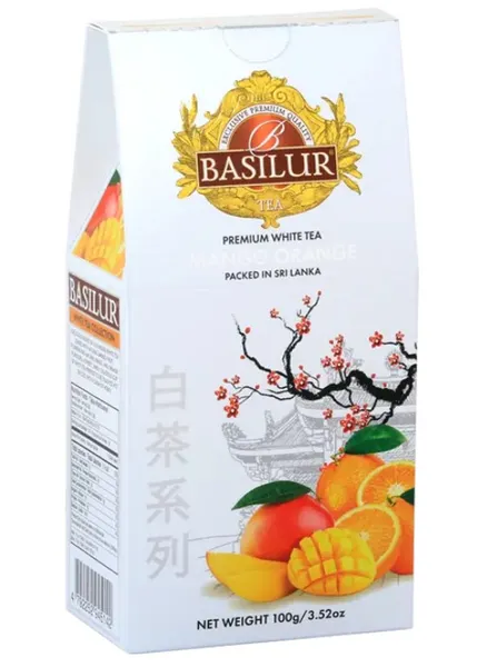 Maitsestatud valge purutee BASILUR, mango ja apelsini maitsega, 100 g
