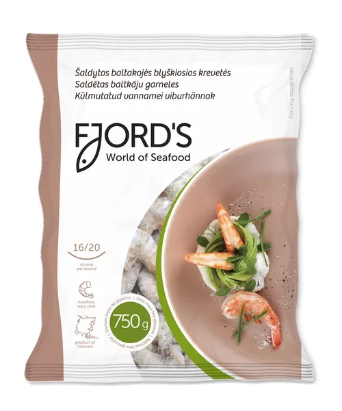 Vannamei viburhännak FJORD'S toores, 16/20, HLSO, Easy Peel, 25% glasuur, külmutatud, 750g/1kg