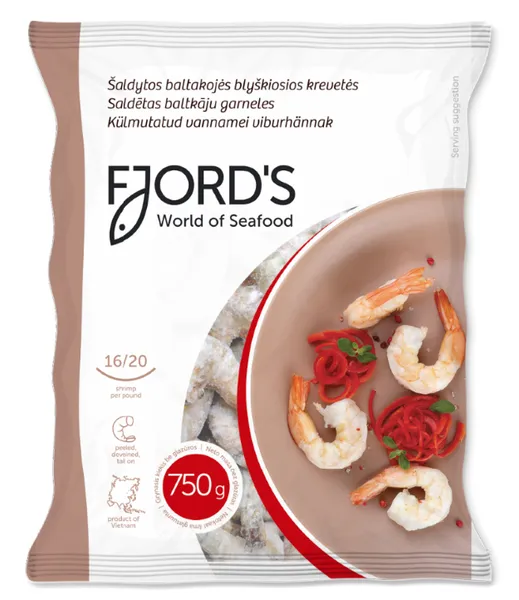 Vannamei viburhännak FJORD'S toores, 16/20, PDTO, 25% glasuur, külmutatud, 750g/1kg