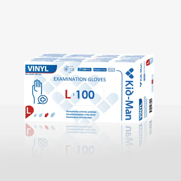 Vinüülkindad puudrita, suurus L, läbipaistvad,  ühekordsed, KID-MAN, 100 tk
