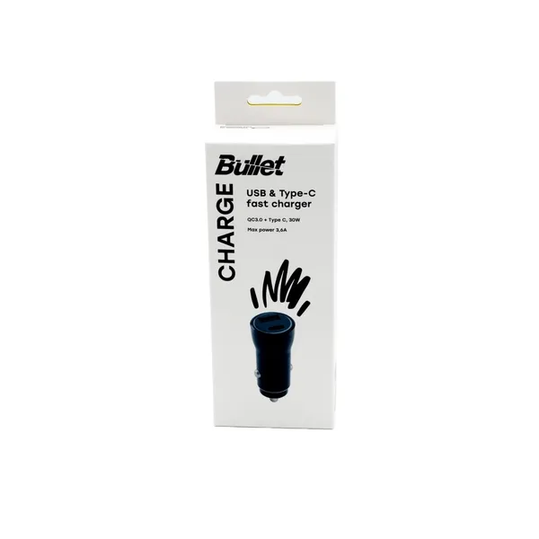 Autolaadija USB QC3.0+USB-C 2,4A Bullet