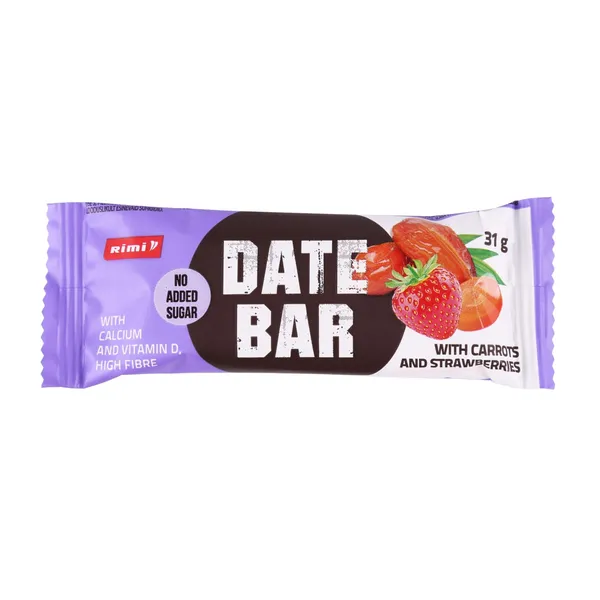Dateļu batoniņš Rimi ar burkān., zemenēm 31g