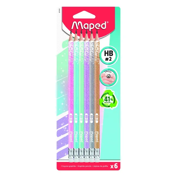 Harilik pliiats puiduvaba Maped BlackPeps Glitter Deco kolmekandiline HB kummiga 6tk BS26
