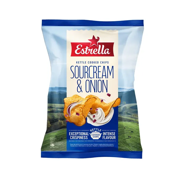 Kettle Cooked hapukoore-sibulamaitselised kartulikrõpsud, ESTRELLA, 120 g