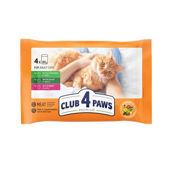 Kassitoit kana, pardi ja veiselihaga Club 4 Paws Premium 4x85g