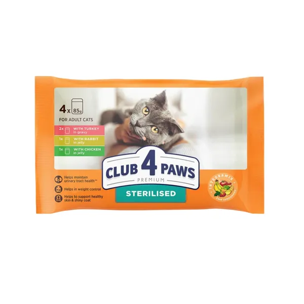 Kassitoit steriliseeritud kassidele kalkuni ja küülikuga Club 4 Paws Premium 4x85g