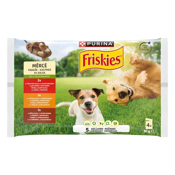 Koerakonserv Friskies veise, kana ja lambaga, täiskasvanud koerale 4x85g