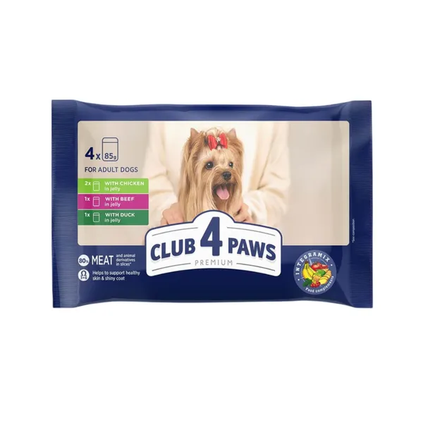 Koeratoit kana, veiseliha ja pardilihaga Club 4 Paws Premium 4x85g