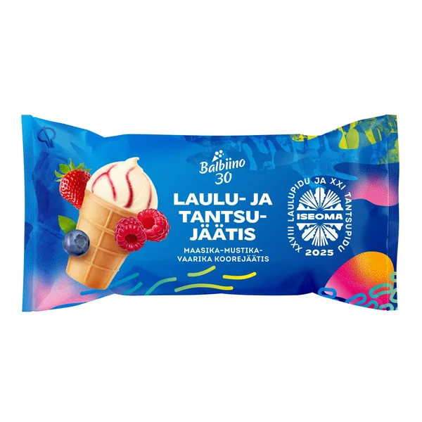 Laulu- ja tantsujäätis Koorejäätis maasika-mustika-vaarika vahvlitopsis, BALBIINO, 65 g