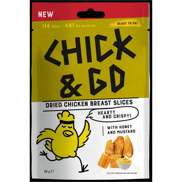 Kuivatatud kana rinnafilee viilud mee ja sinepiga magusainega Chick&Go 30g