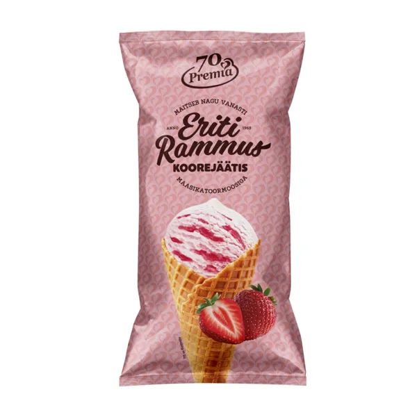 Maasika-koorejäätis maasikatoormoosiga vahvlikoonuses Eriti Rammus 110g/200ml