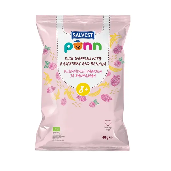 Ökoloogilised Riisivahvlid vaarika ja banaaniga 8+ 40g, PÕNN, 1tk