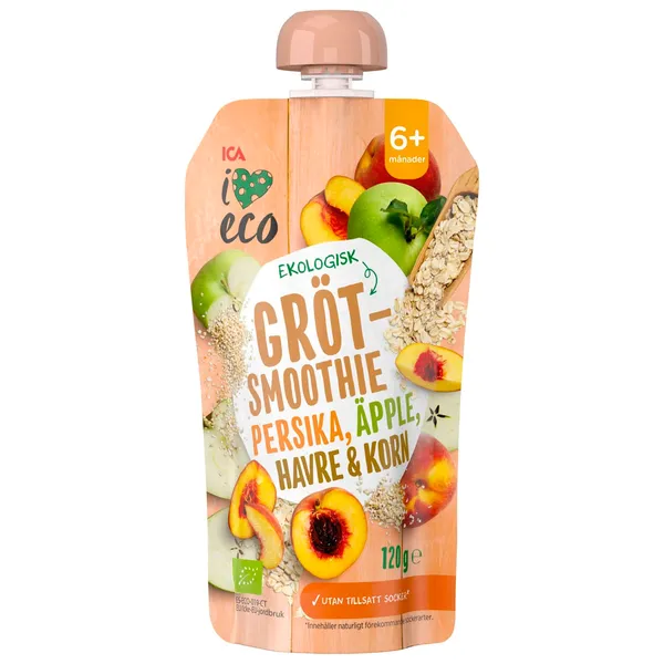 Püree puuvilja ja teraviljadega I Love Eco virsik,õun,kaer ja oder, alates 6 kuust 120g