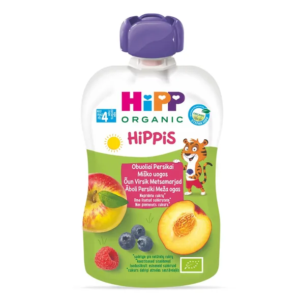 Õunapüree virsiku ja metsamarjadega bio Hipp Hippis 100g 4k