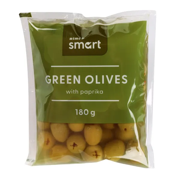 Zaļās olīvas Rimi Smart ar papriku 180/80 g