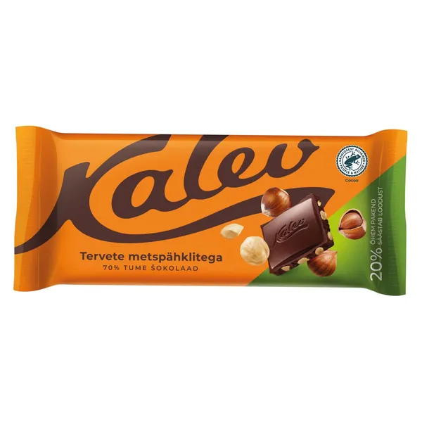 Tume šokolaad tervete metspähklitega, KALEV, 100 g
