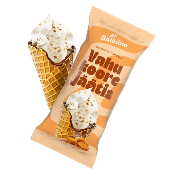 Vahukoorejäätis karamellitükkidega vahvlikoonuses, BALBIINO, 86 g