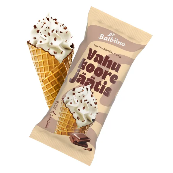 Vahukoorejäätis šokolaaditükkidega vahvlikoonuses, BALBIINO, 85 g