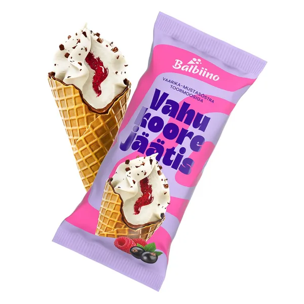Vahukoorejäätis vaarika-mustasõstratoormoosiga vahvlikoonuses, BALBIINO, 94 g
