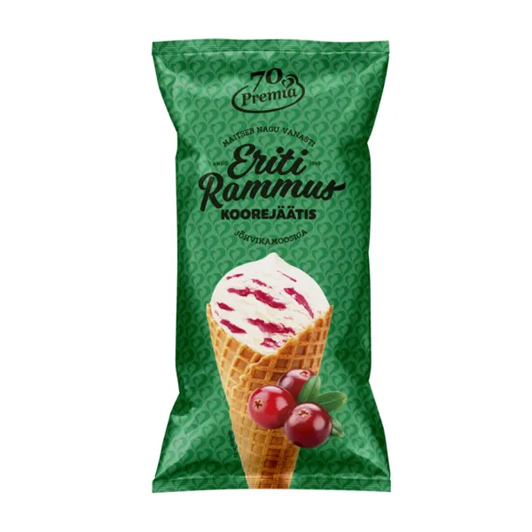 Vanilli-koorejäätis jõhvikamoosiga vahvlikoonuses Eriti Rammus 110g/200ml
