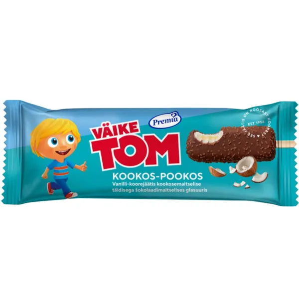 Vanilli-koorejäätis kookosemaitselise täidisega kookoshelvestega šokolaadiglasuuris Kookos-pookos Väike Tom 60g/70ml