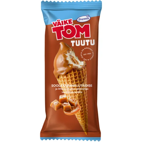 Vanilli koorejäätis soolakaramellitäidise ja iirisemaitselise glasuuriga glasuuritud vahvlikoonuses Väike Tom 75g/110ml