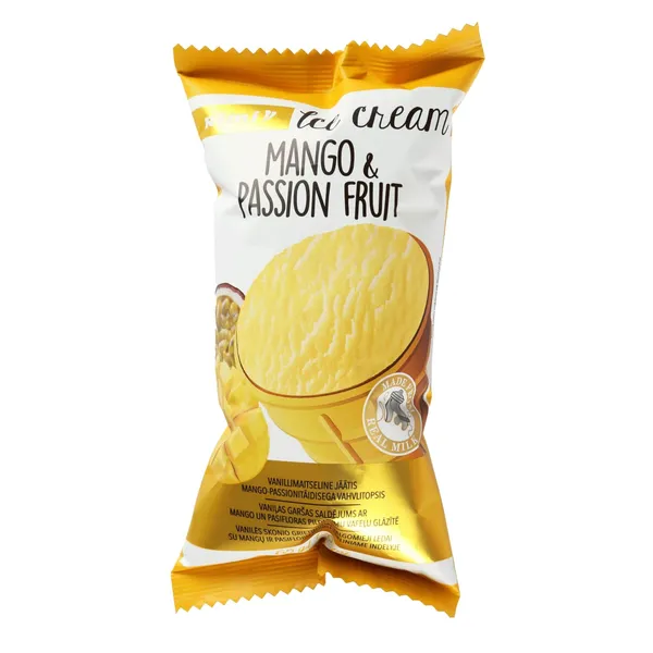 Vanillimaitseline jäätis mango-passionitäidisega vahvlitopsis Rimi 65g/120ml