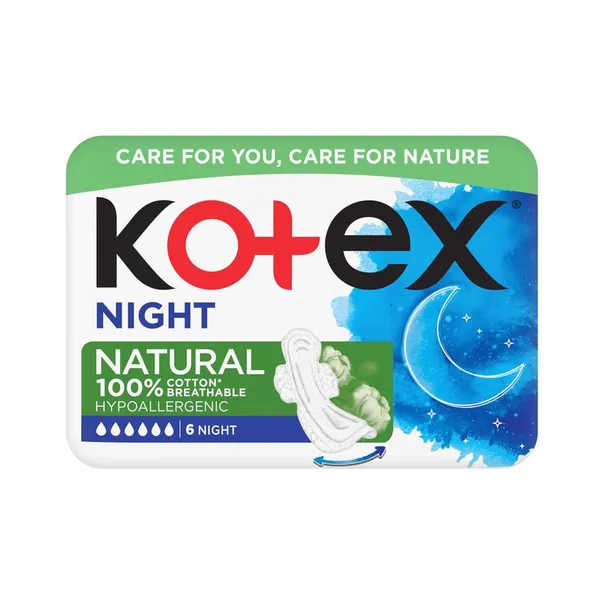 Hügieeniside Natural 100% Cotton Night, KOTEX, 6 tk